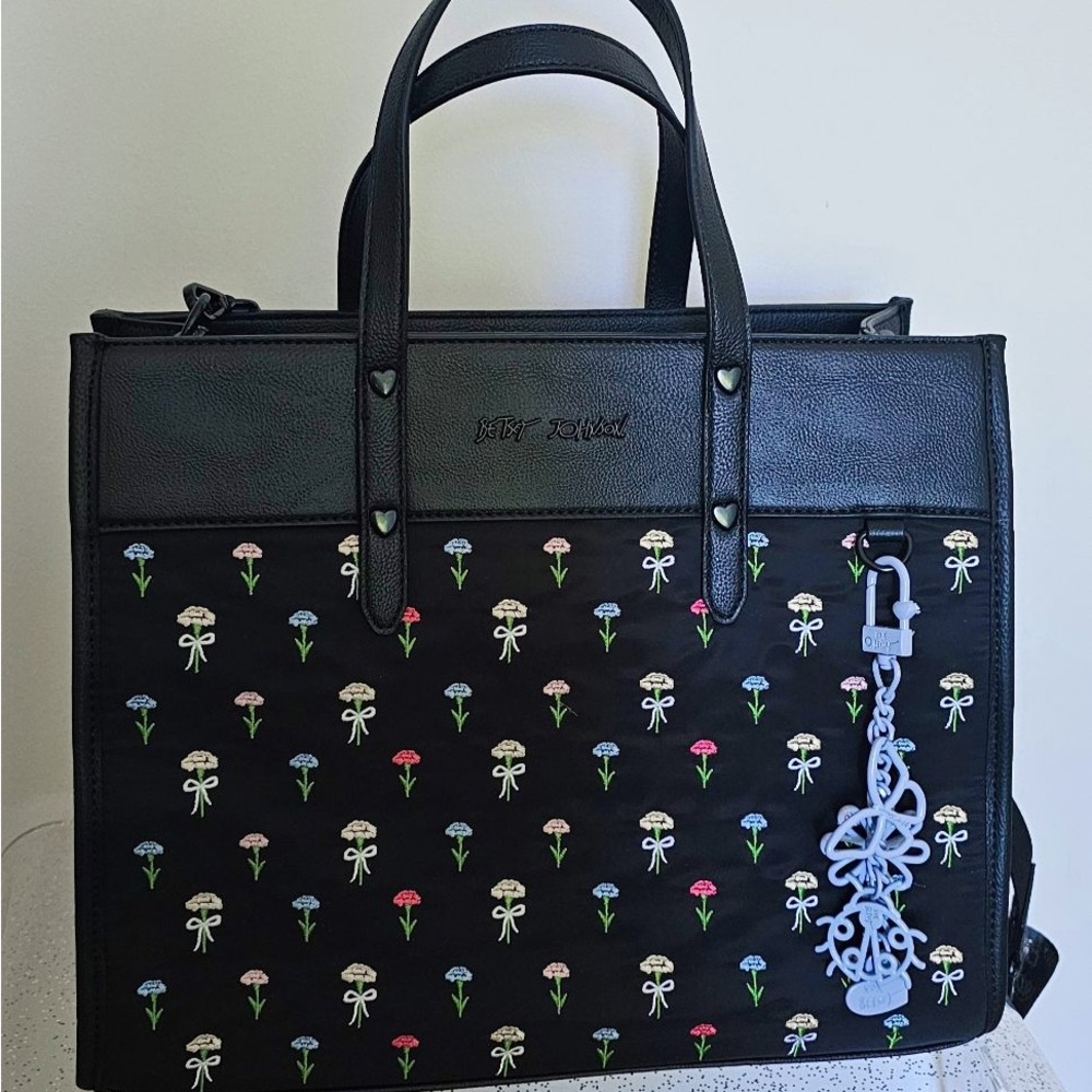 Betsey Johnson Black Tote with Floral Accents and Charm